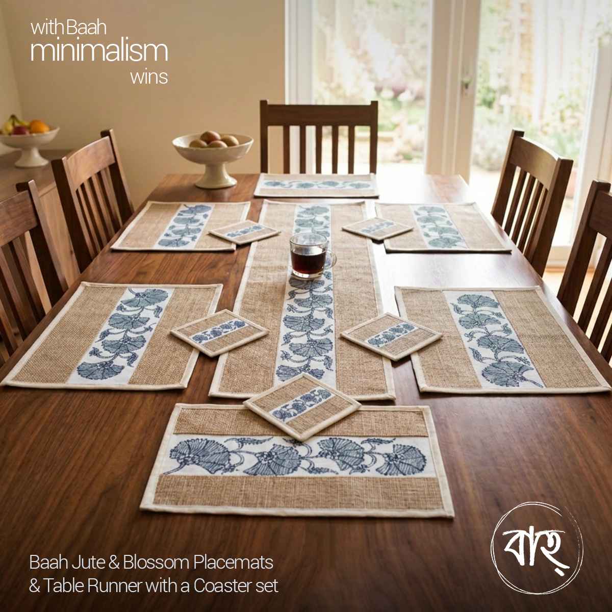 Baah Jute & Blossom Placemats & Table Runner with a Coaster set